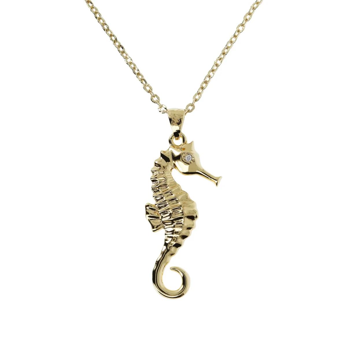 Collana Catena Forzatina Diamantata con Ciondolo Cavalluccio Marino e Cubic Zirconia
